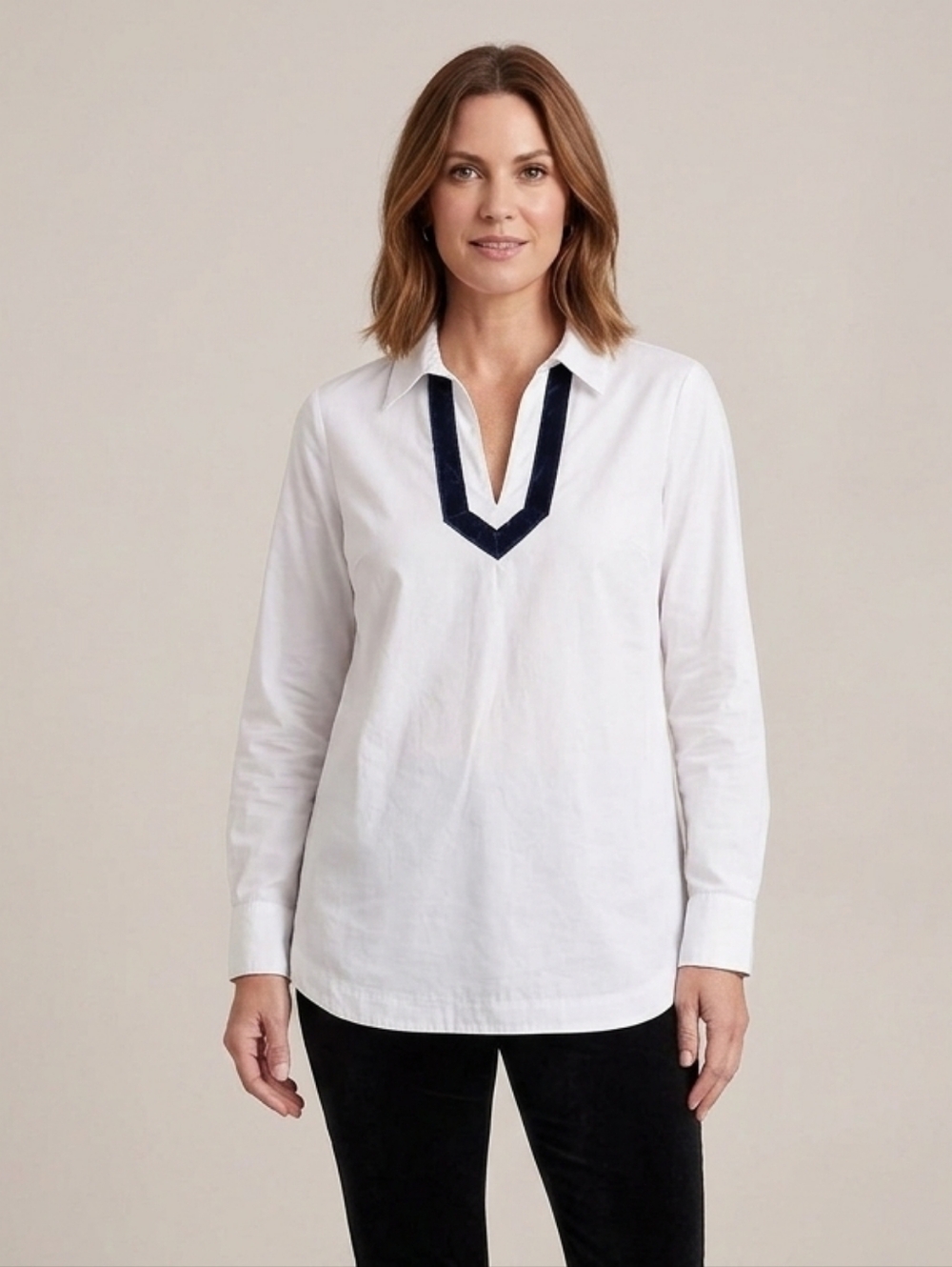 Vineyard Vines White Long-Sleeve Popover with Navy Trim